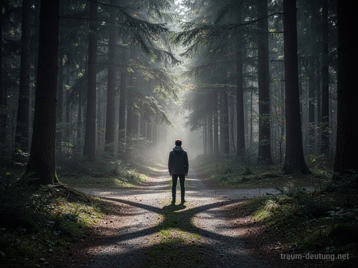 Eine Person steht im dichten Wald an einer Weggabelung, die Orientierung fehlt.