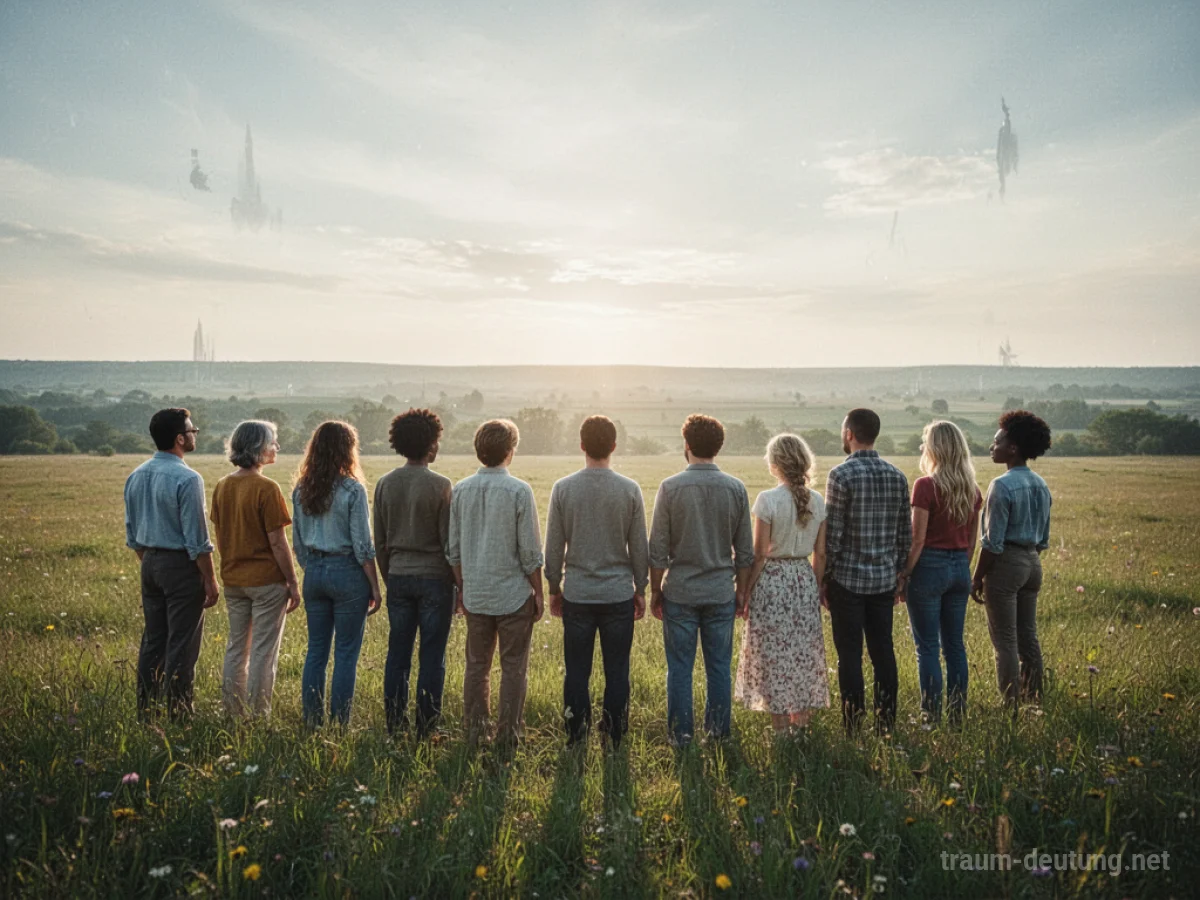 Menschen stehen gemeinsam in einem Feld und blicken in die Ferne.