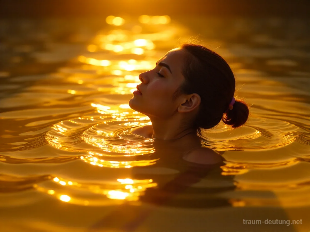 Person schwimmt in einem Becken aus glänzendem flüssigem Gold.