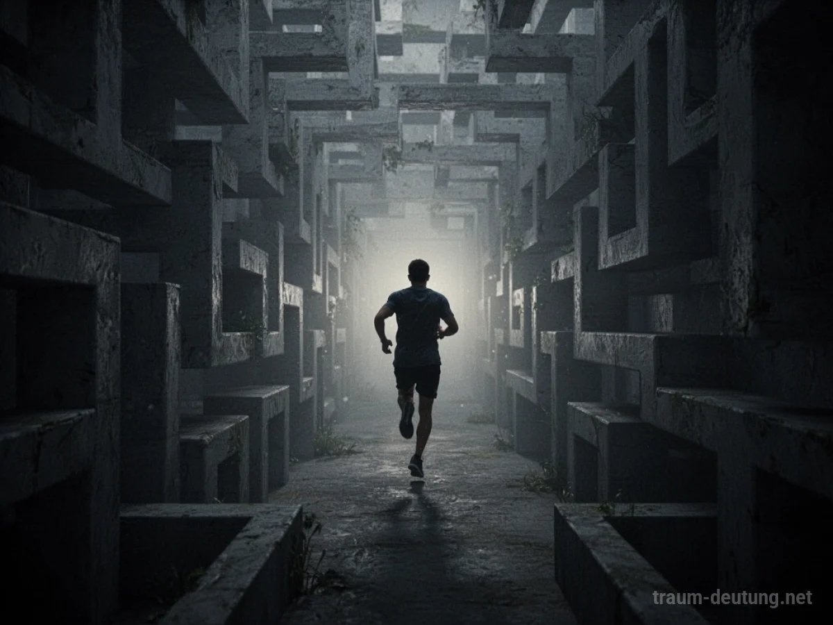 Schattenfigur flieht durch einen dunklen Labyrinthkorridor auf ein Licht zu.