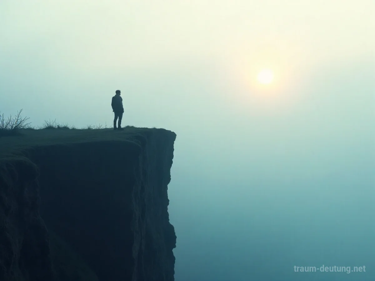 Silhouette einer Person am Rand einer nebligen Landschaft, die innere Grenzen symbolisiert.