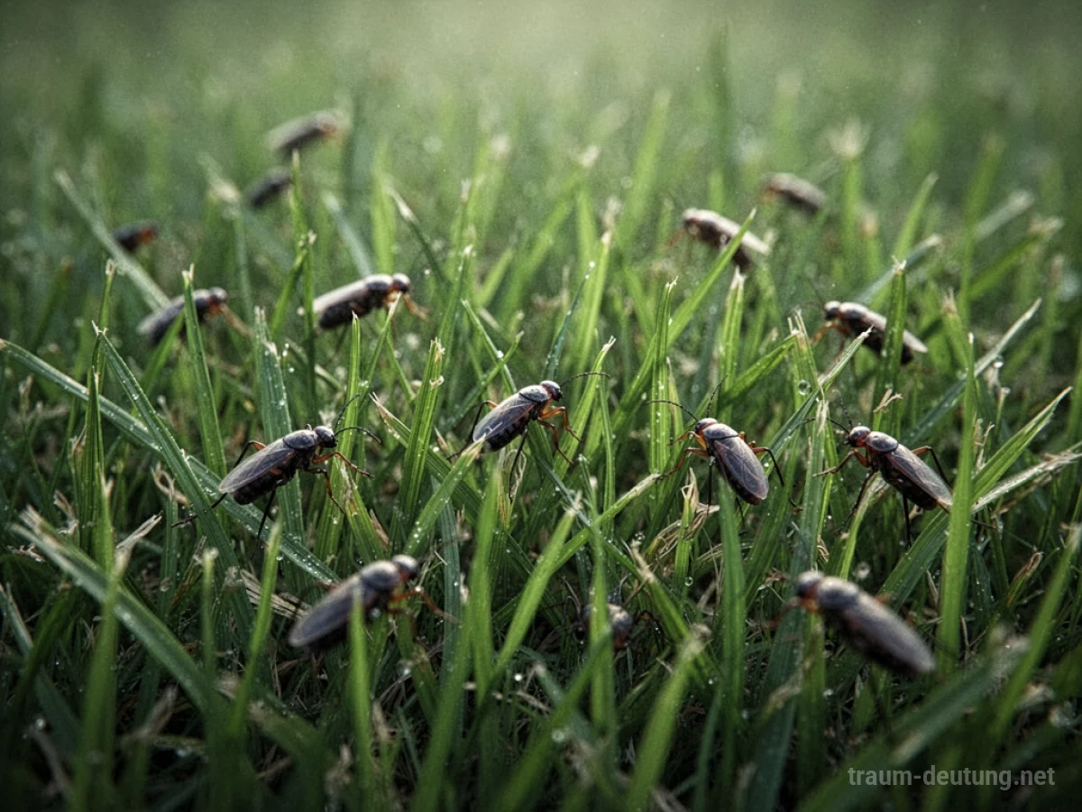 Grünes Gras mit kleinen Insekten, die darauf krabbeln.