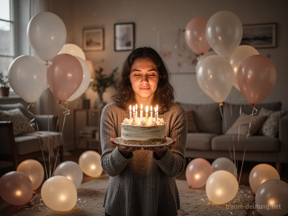 Person erhält Geburtstagstorte mit Kerzen, umgeben von bunten Luftballons.