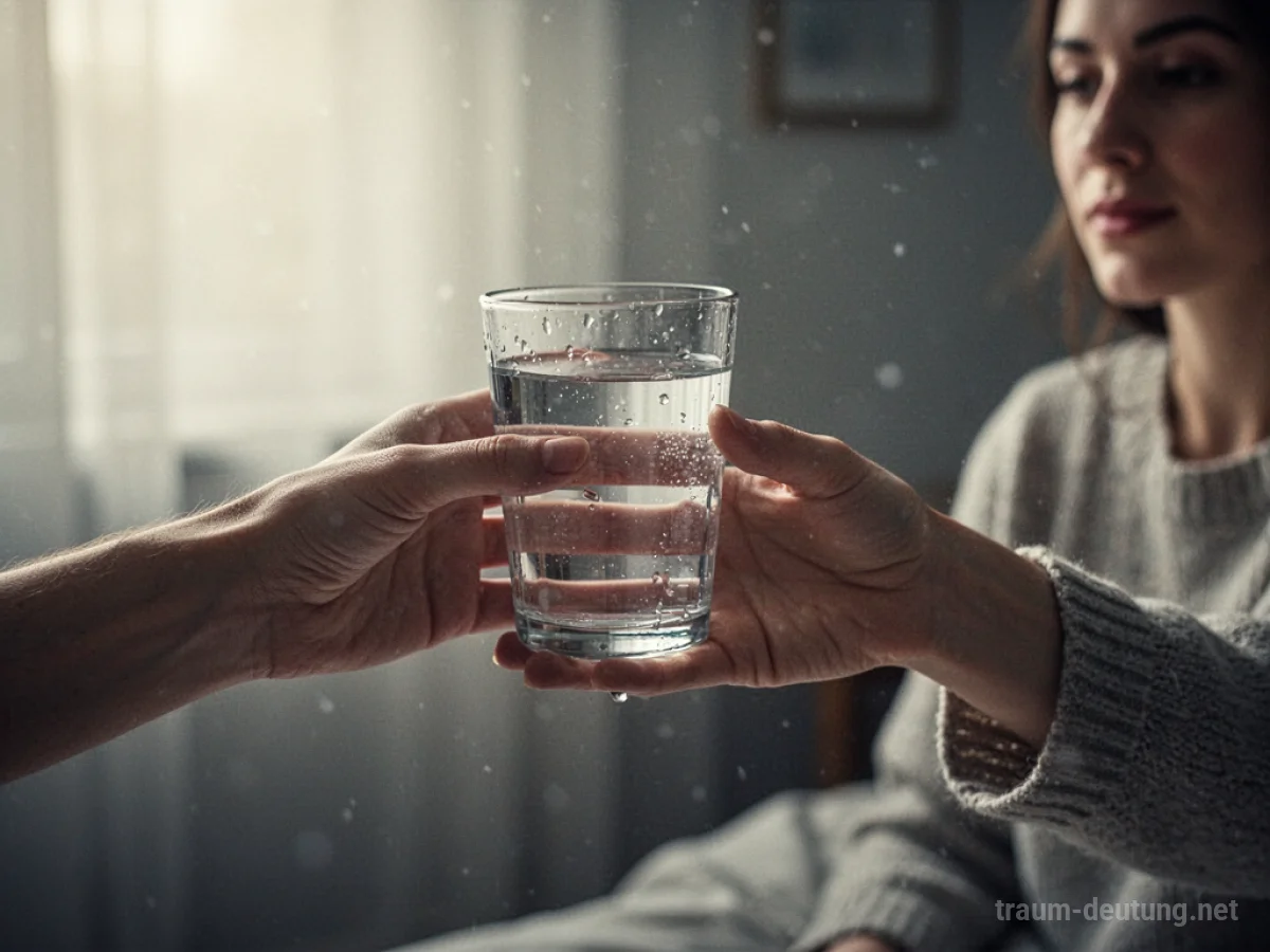 Eine Hand reicht einem anderen Menschen ein Glas Wasser.