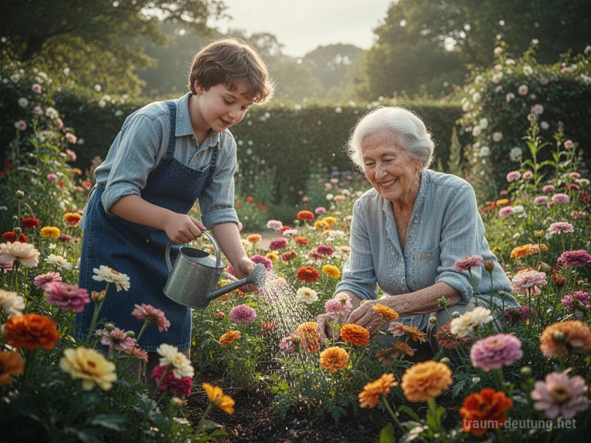 Junge Großeltern im Garten bei der Blumenpflege