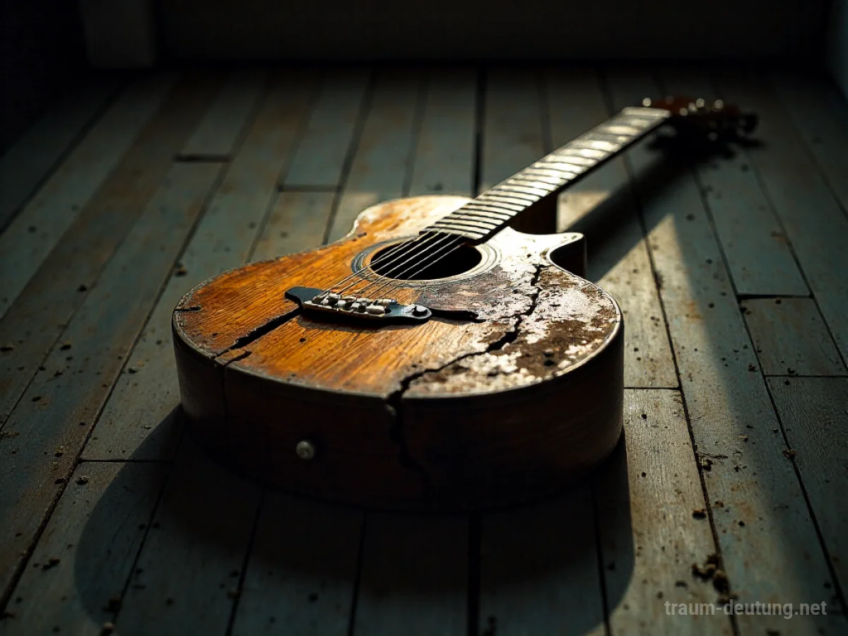 Kaputte Gitarre auf Holzboden im Schummerlicht