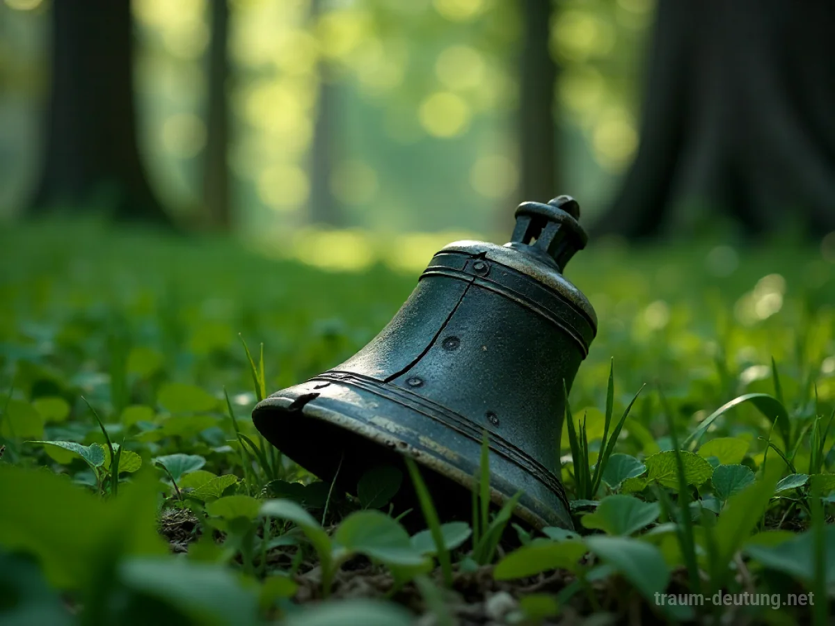 Eine zerbrochene Glocke liegt im Gras.