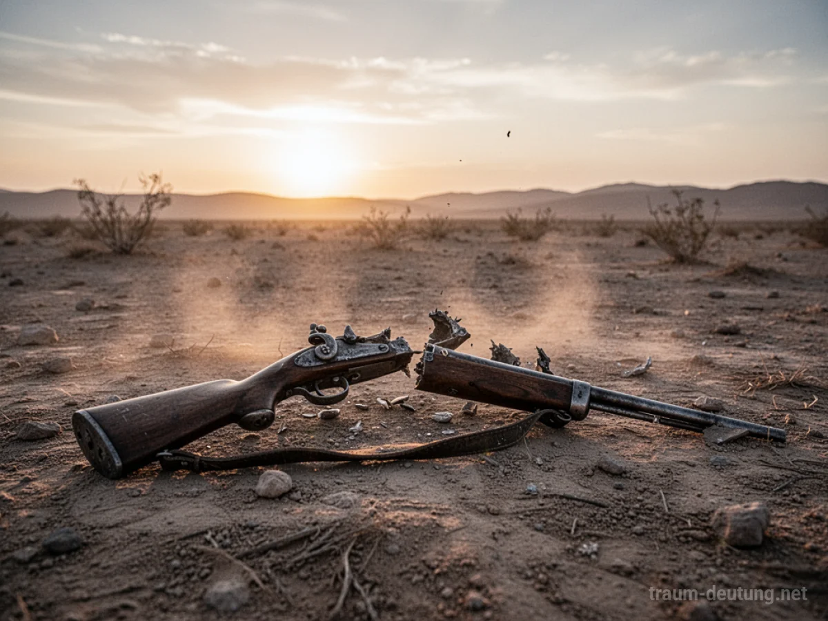 Ein kaputtes Gewehr liegt auf staubigem Boden im Abendlicht.