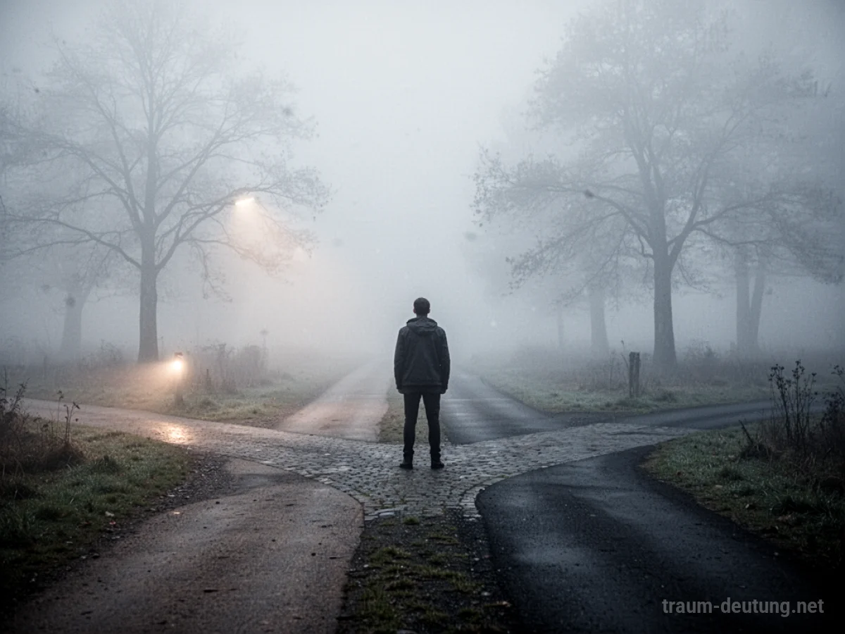 Eine einsame Person steht an einer Weggabelung, die Wege verschwinden im Nebel.