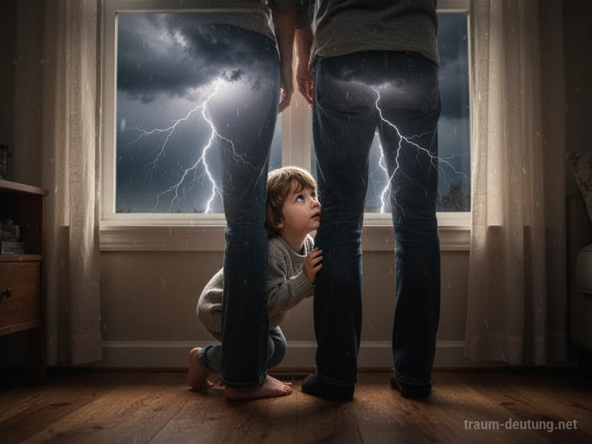 Kind blickt ängstlich aus dem Fenster auf ein Gewitter