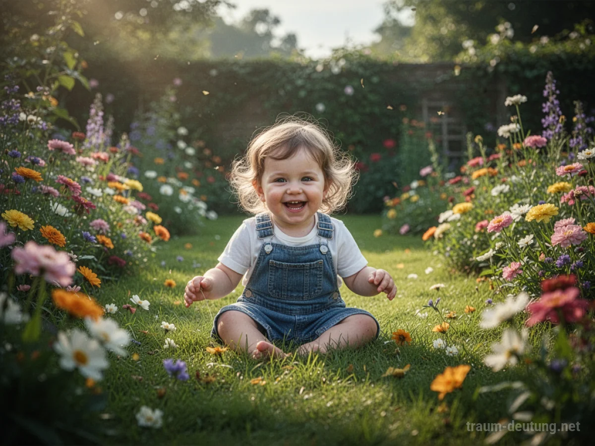 Ein Kind spielt lachend in einem sonnigen Garten mit bunten Blumen.