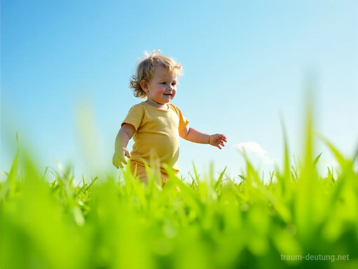 Ein Kind spielt lachend in sattem grünem Gras unter strahlend blauem Himmel.