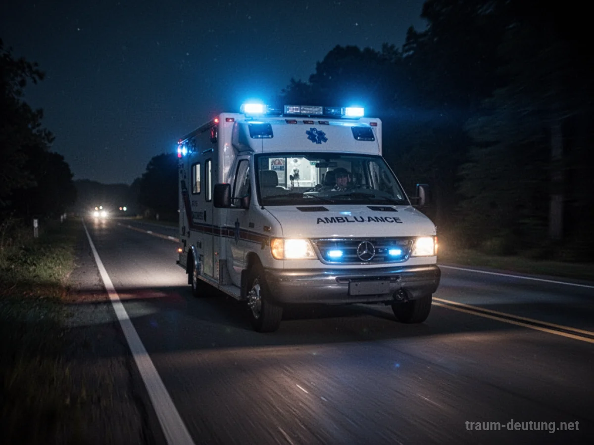 Ein Krankenwagen mit Blaulicht fährt auf einer dunklen Straße.