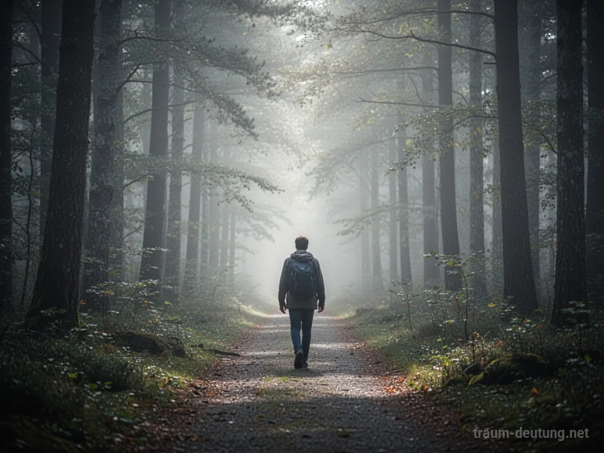 Eine Person geht langsam auf einem verschlungenen Pfad durch einen nebligen Wald.