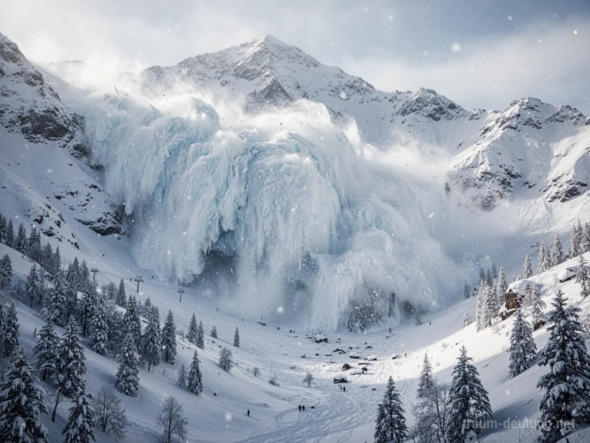 Eine gewaltige Lawine stürzt einen schneebedeckten Berg hinab.