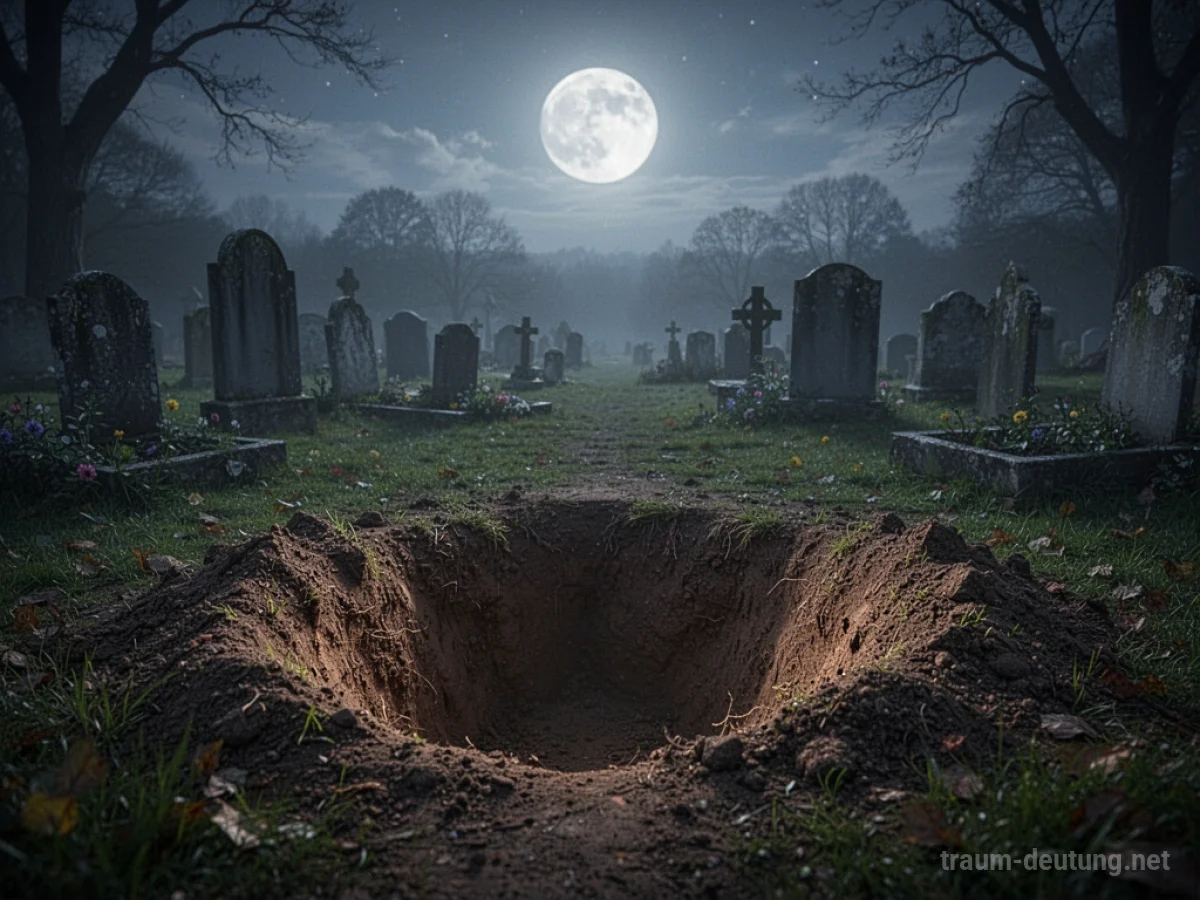 Ein offenes, leeres Grab im Mondlicht auf einem Friedhof.