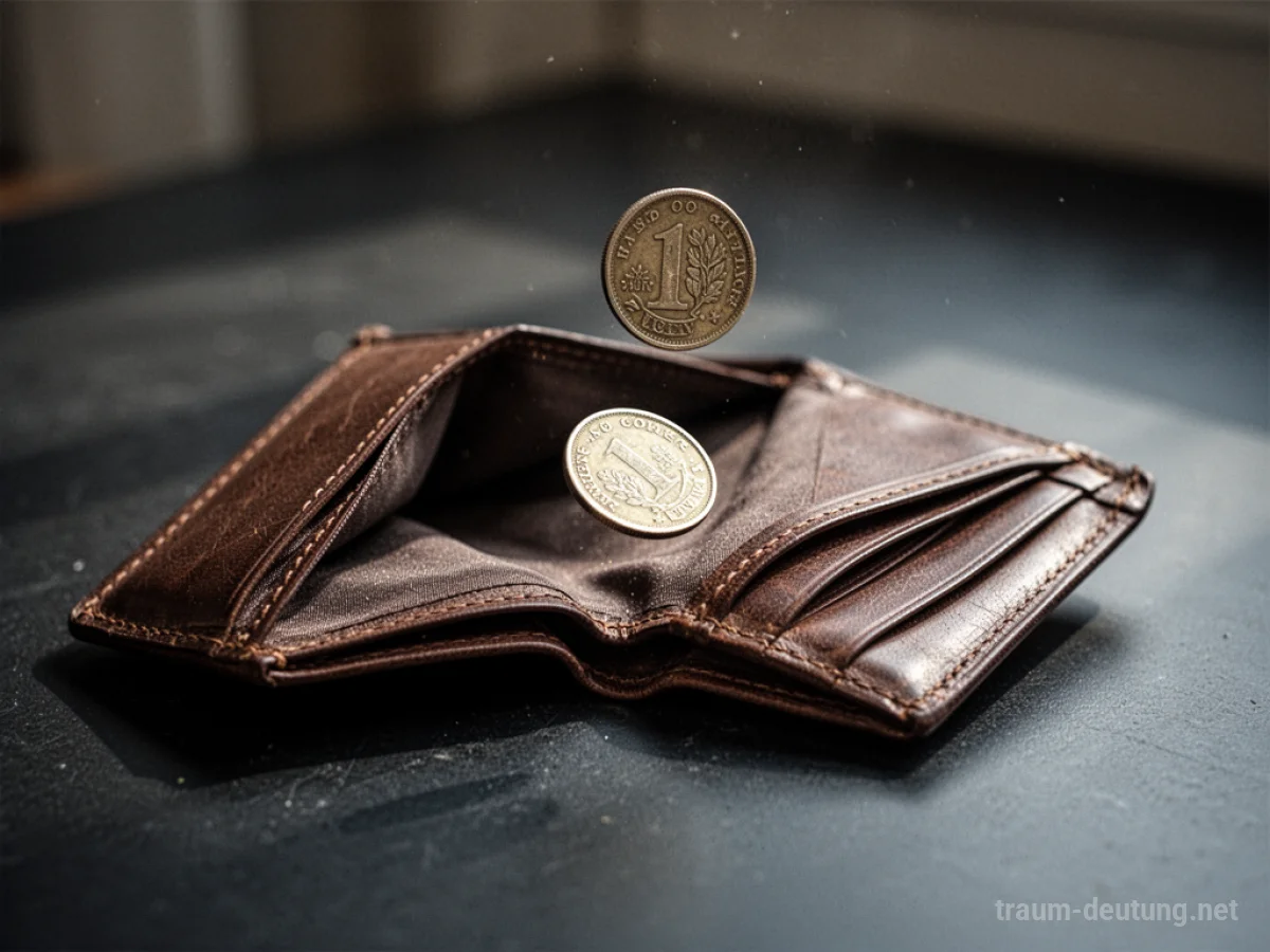 Leeres Portemonnaie mit einer einzelnen Münze, die herausfällt.