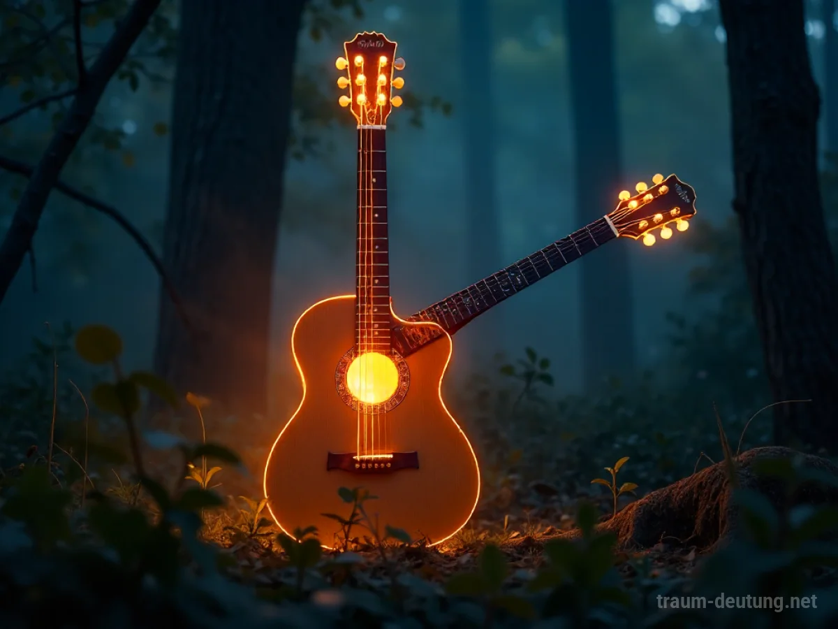 Leuchtende Gitarre im Dunkeln, die sanftes Licht ausstrahlt.