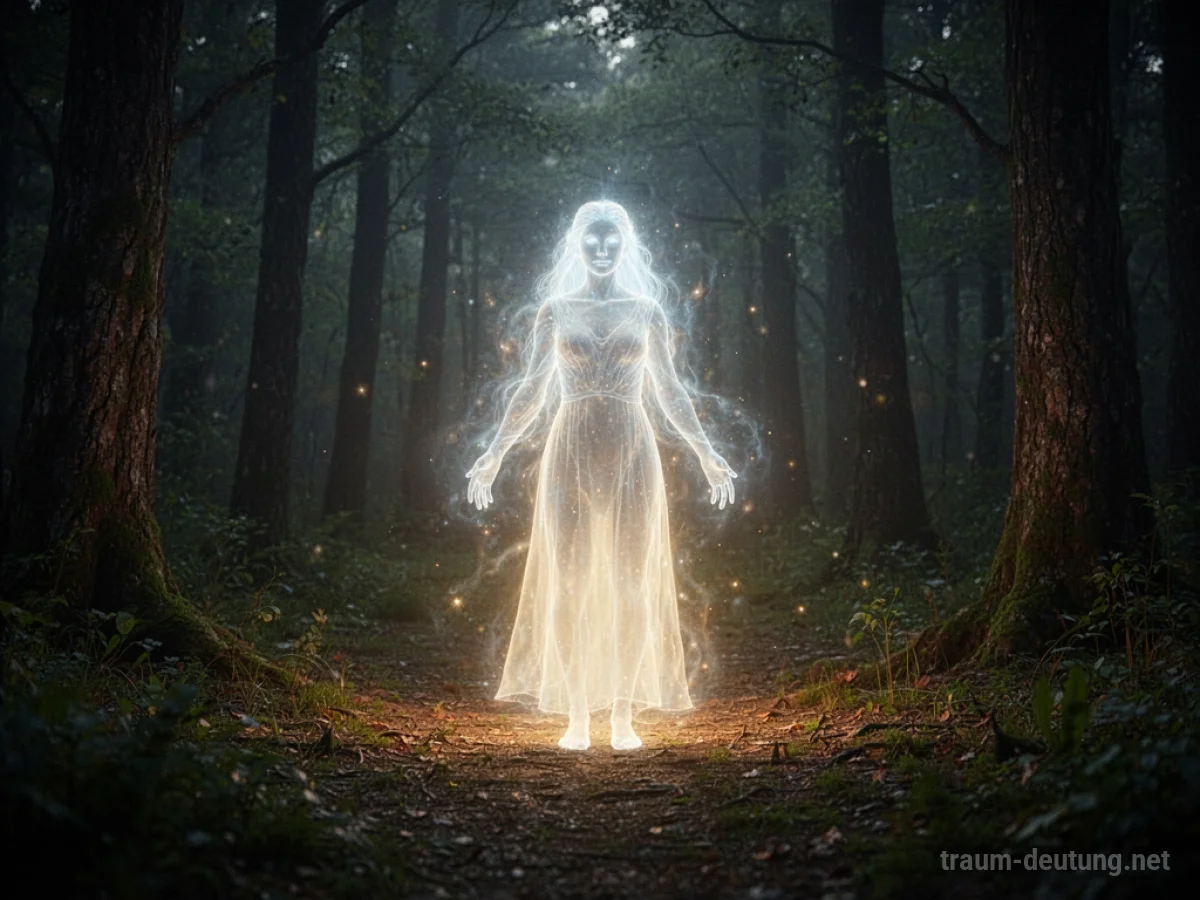 Ein leuchtender Geist erscheint in einer dunklen Waldlichtung und strahlt sanftes Licht aus.