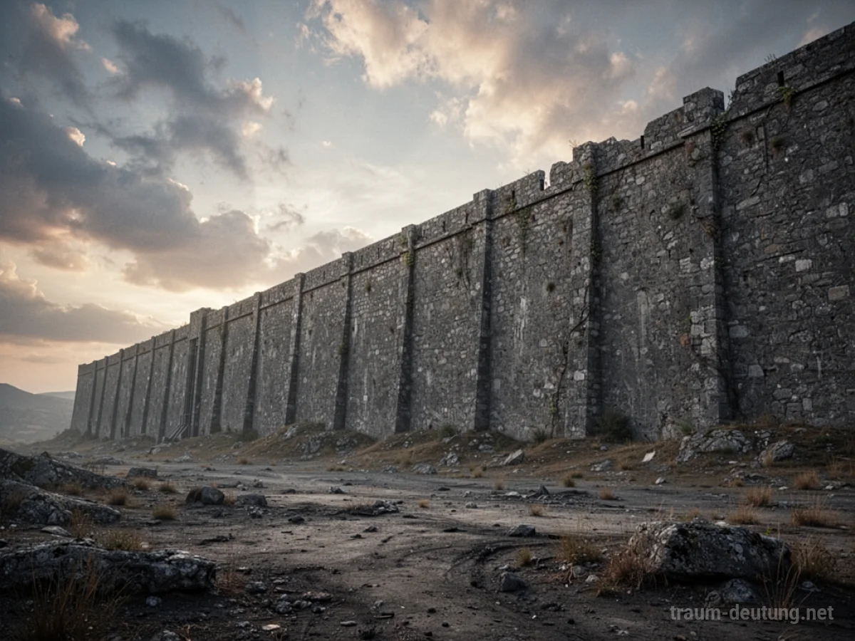 Eine hohe Steinmauer, die sich durch eine karge Landschaft zieht.