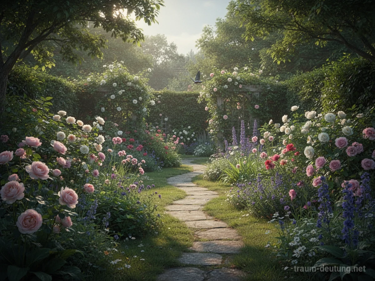 Ein gepflegter privater Garten mit blühenden Blumen und grünen Pflanzen.