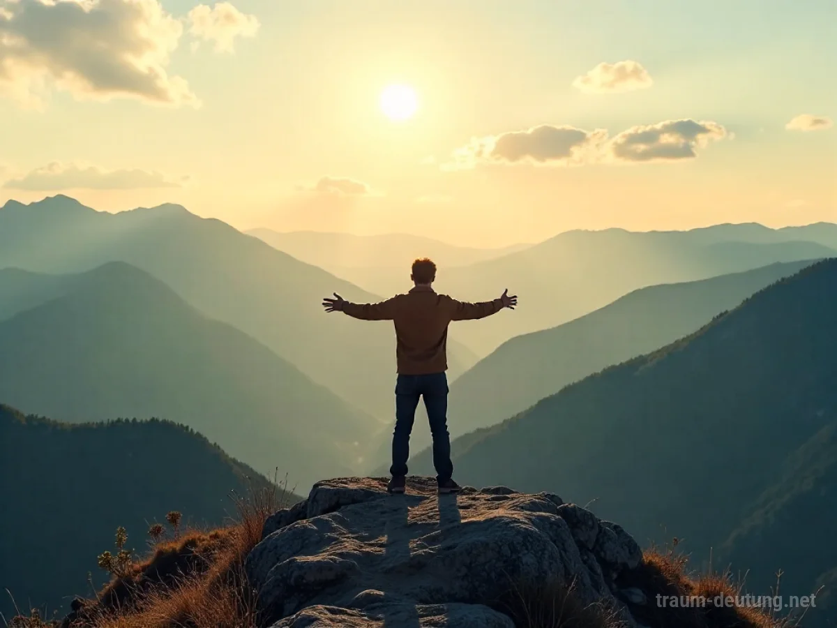 Eine Person steht auf einem Berggipfel und blickt mit offenen Armen in eine weite, sonnenbeschienene Landschaft.