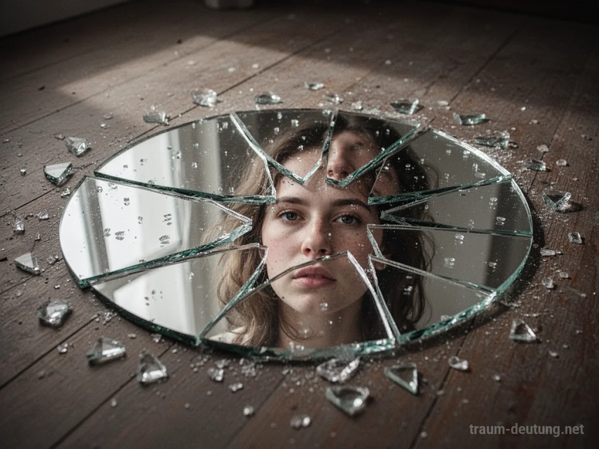 Zerbrochener Spiegel, der das Gesicht einer Person in Fragmenten zeigt.