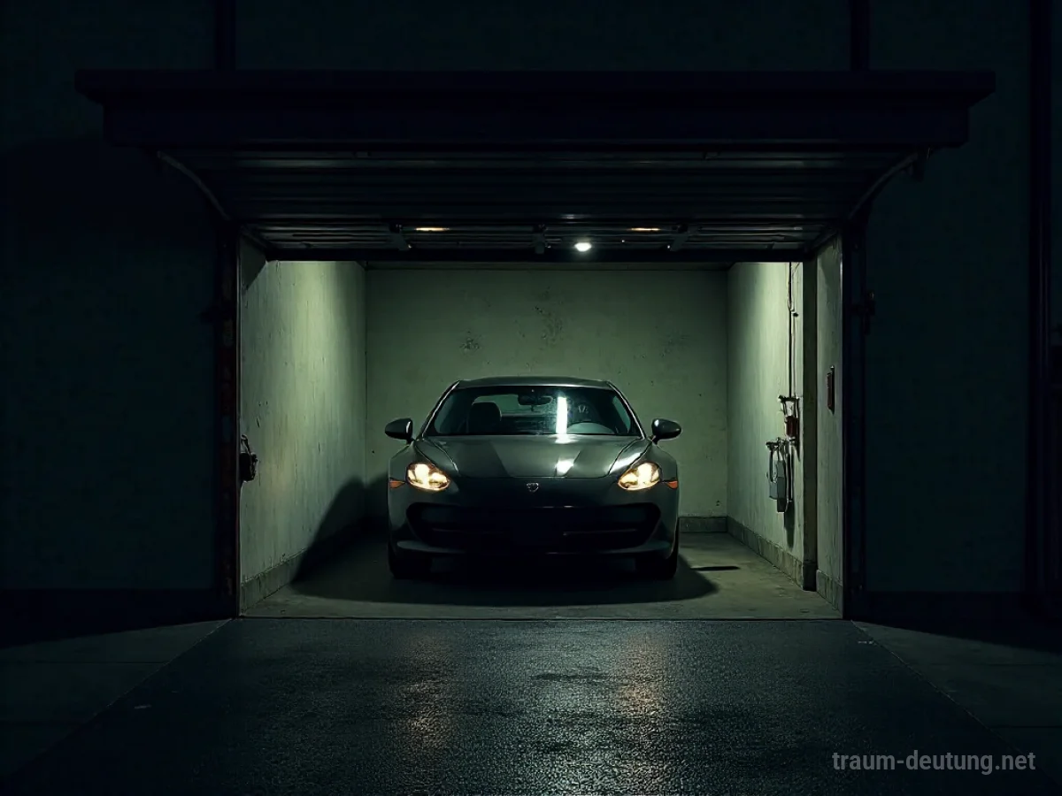 Eine Garage mit einem Auto darin, die Tür leicht geöffnet.