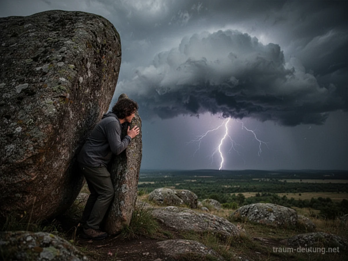 Person versteckt sich hinter Felsen vor einem drohenden Gewitter am Horizont.