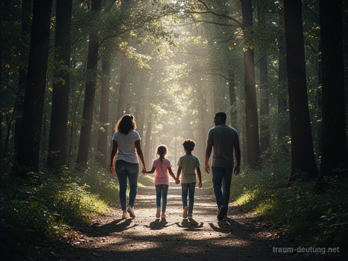 Familie geht gemeinsam auf einem Waldweg.