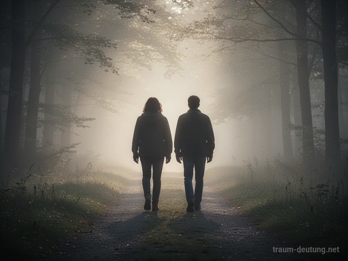 Zwei Silhouetten gehen nebeneinander einen Weg entlang in einen sanften Nebel.