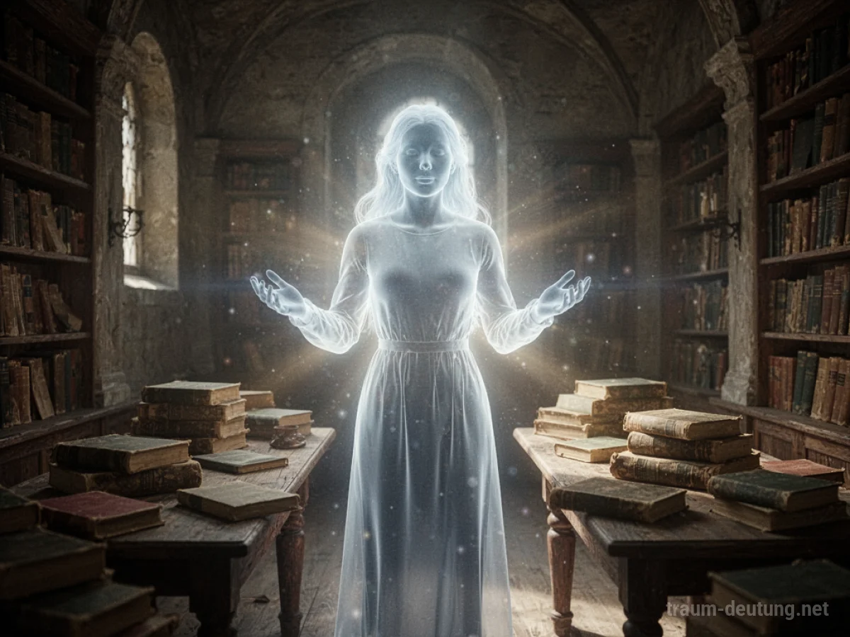 Eine durchscheinende Geistfigur in einer alten Bibliothek, die scheinbar kommuniziert.