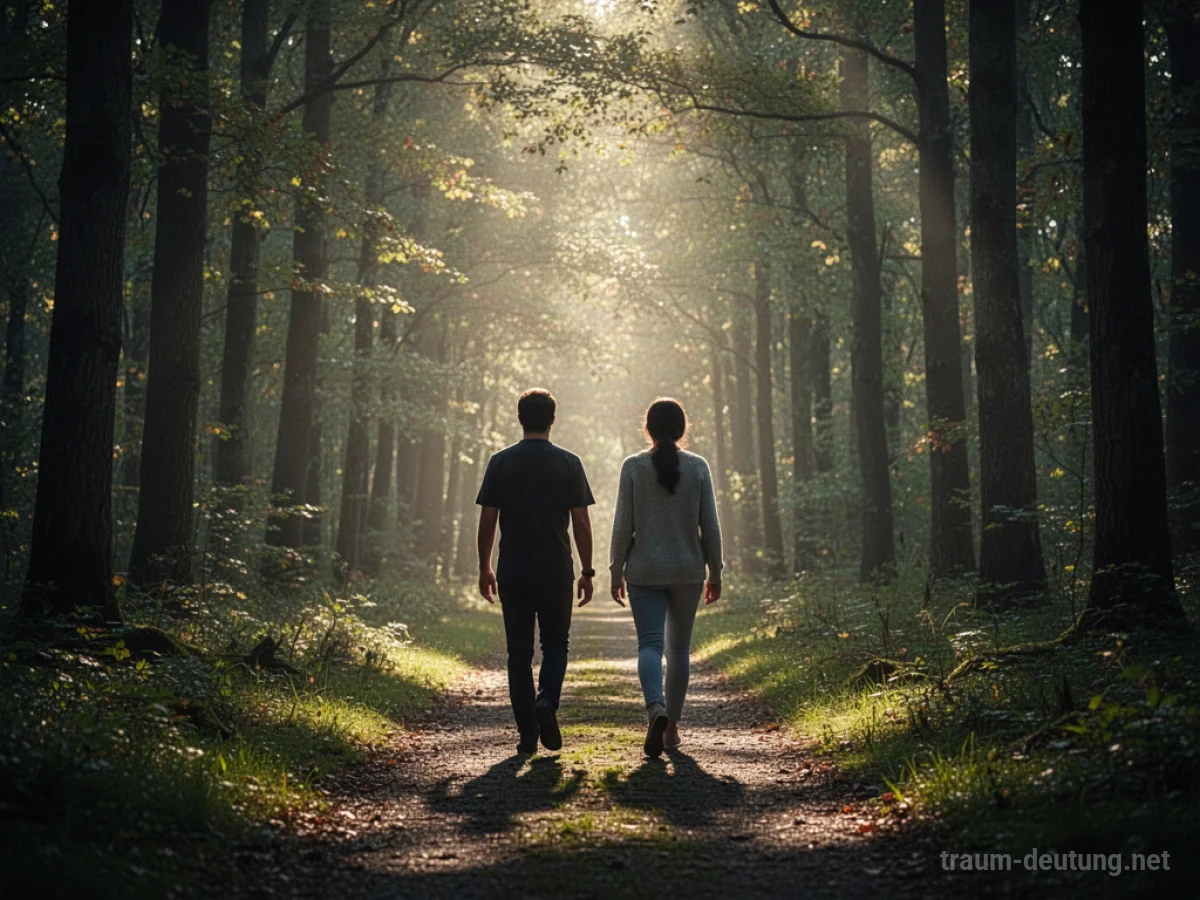 Zwei Silhouetten gehen nebeneinander auf einem Weg durch einen sonnigen Wald.