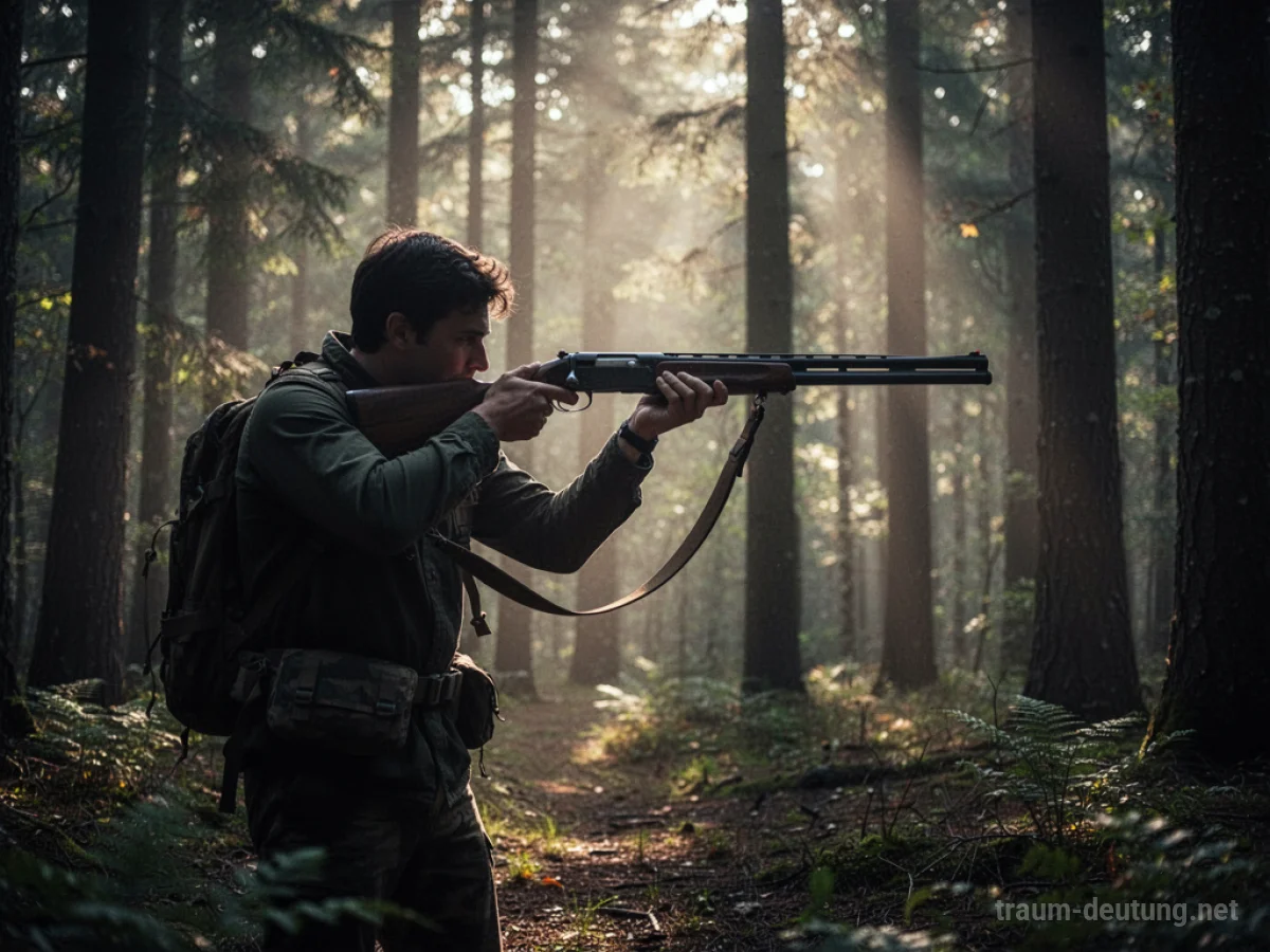 Silhouette einer Person mit Gewehr im Wald, zielend