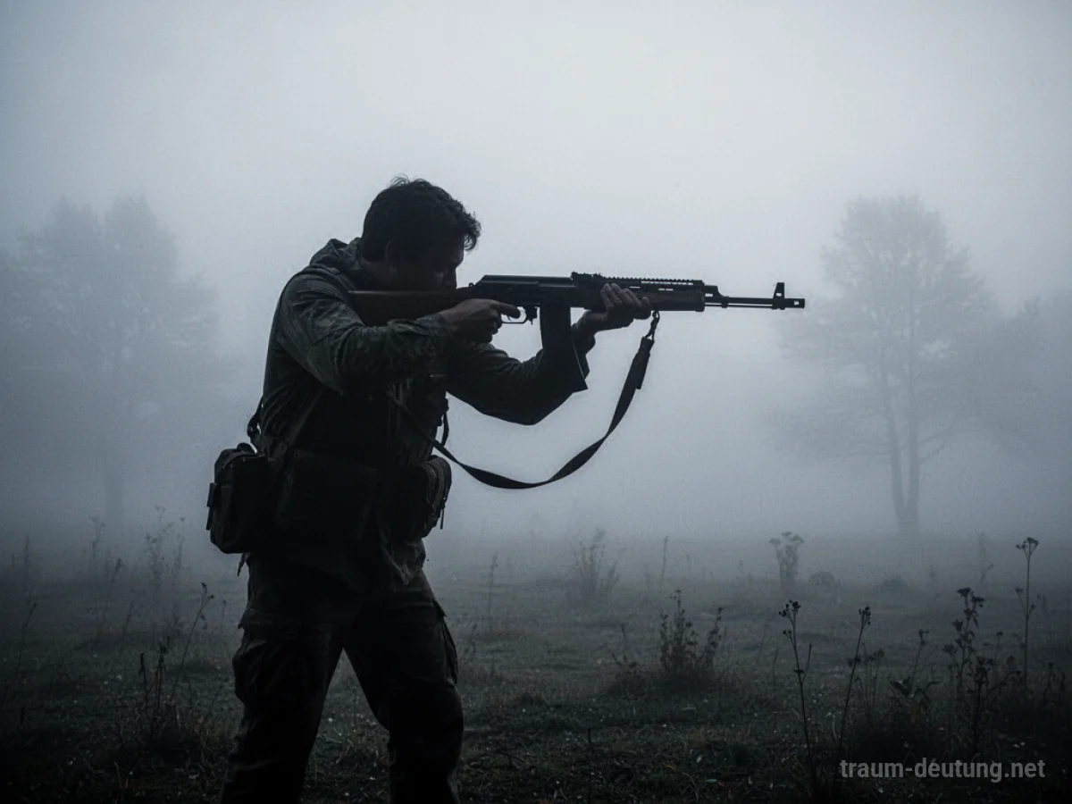 Silhouette einer Person, die im Nebel ein Gewehr abfeuert.