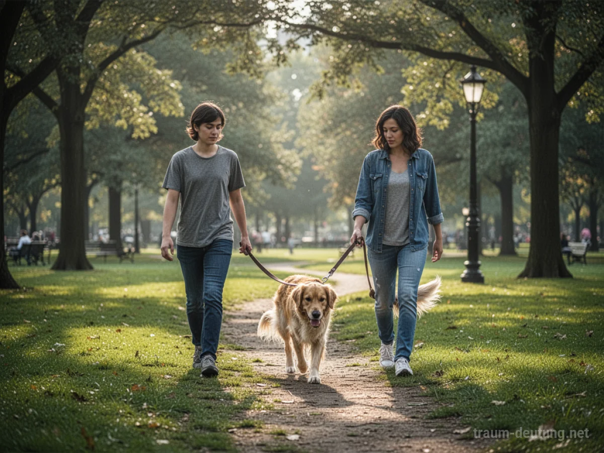 Person geht mit einem Hund auf einer Leine durch einen Park.
