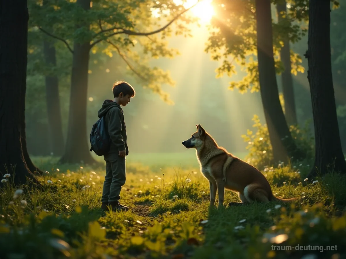 Mensch und Tier blicken sich im Wald an