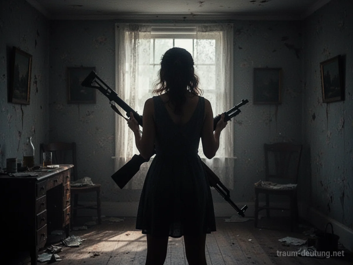 Silhouette einer Mutter, die ein Gewehr hält und in die Dunkelheit blickt.