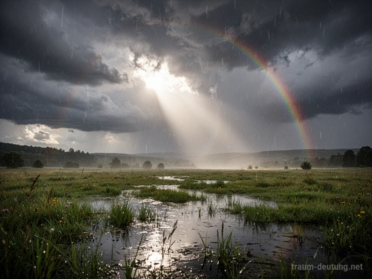 Sonnenschein bricht nach einem Gewitter durch dunkle Wolken, ein Regenbogen am Himmel.