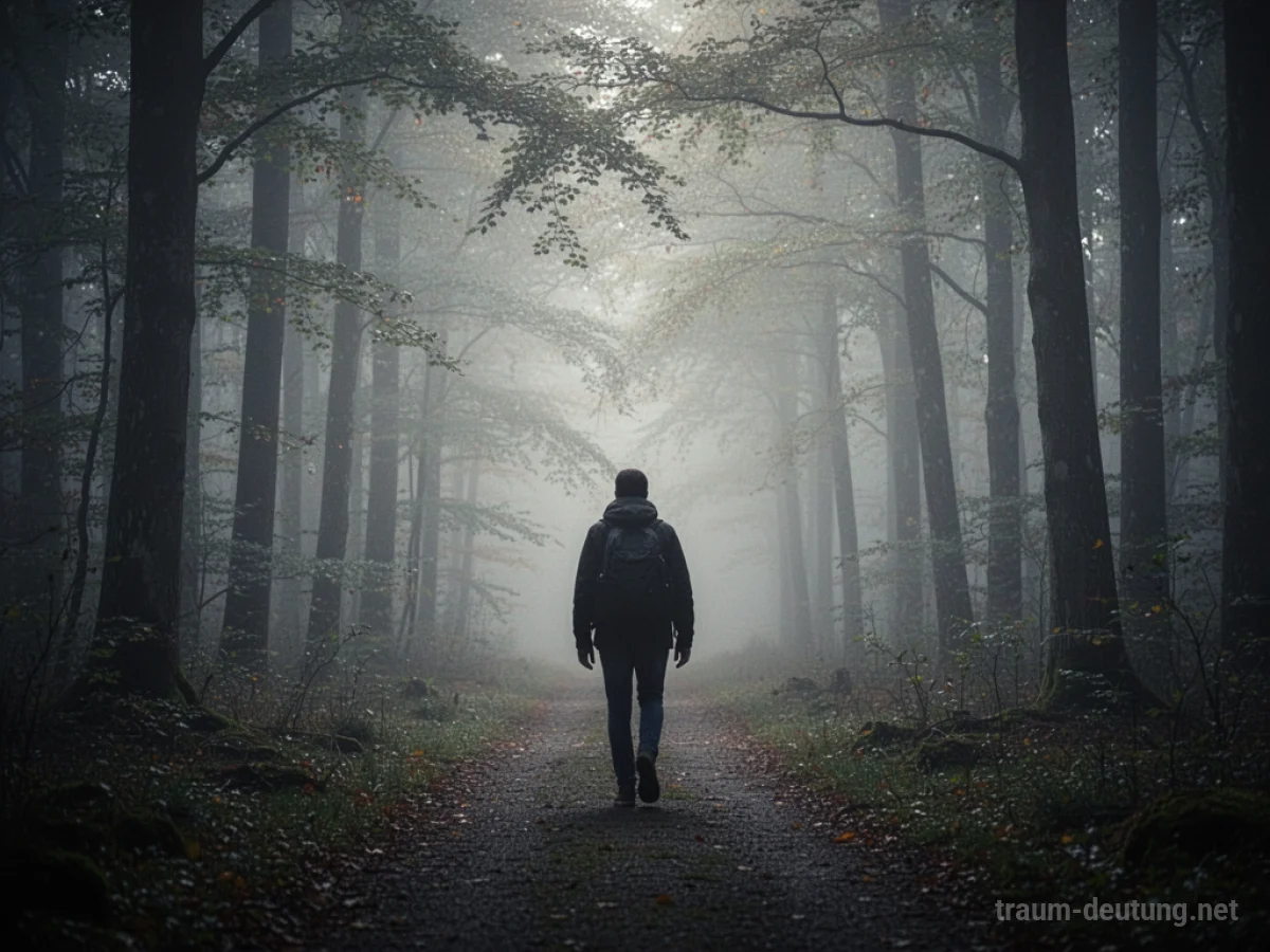 Silhouetten einer Person, die nackt durch einen nebeligen Wald geht.