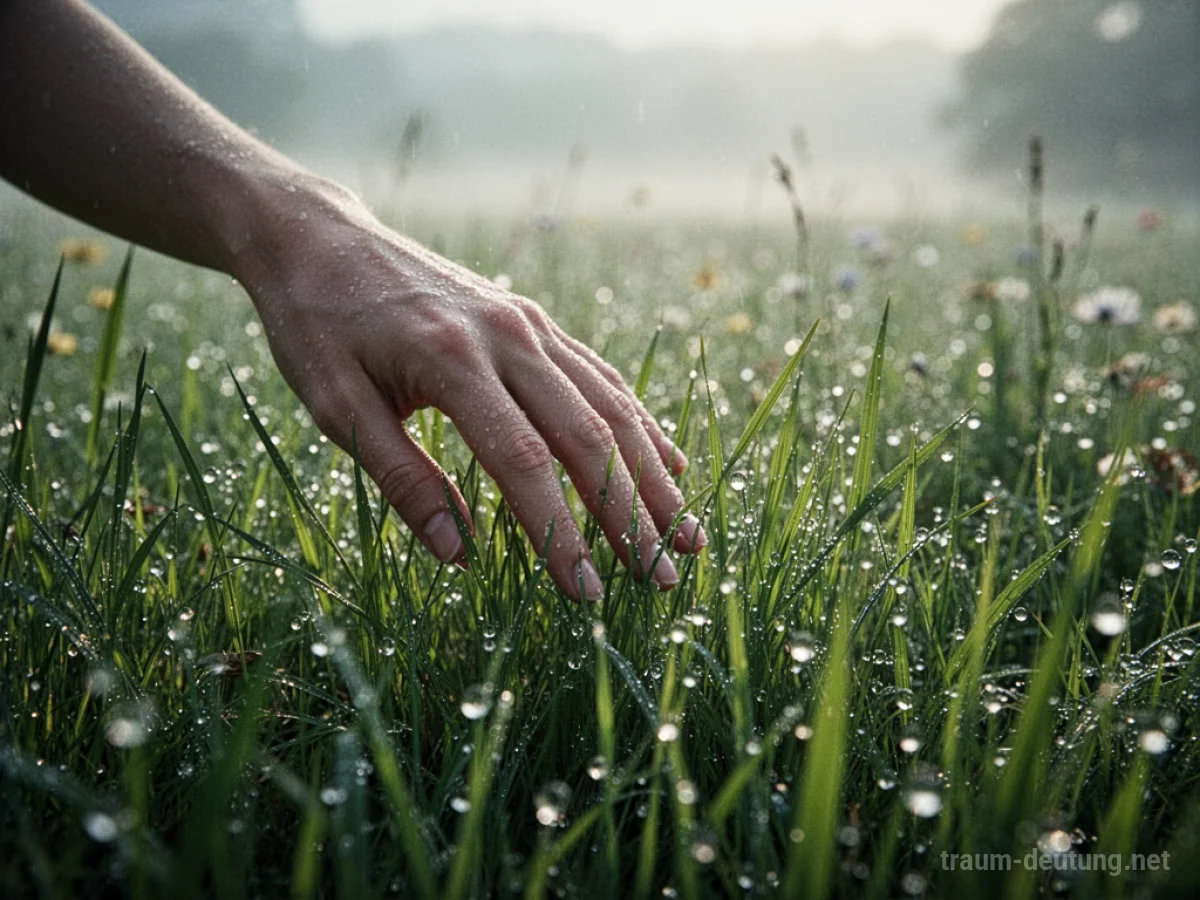Hand berührt feuchtes, grünes Gras in einer Lichtung.