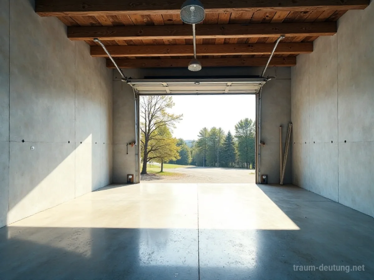 Eine neu gebaute, helle Garage mit offener Tür und Sonnenlicht.
