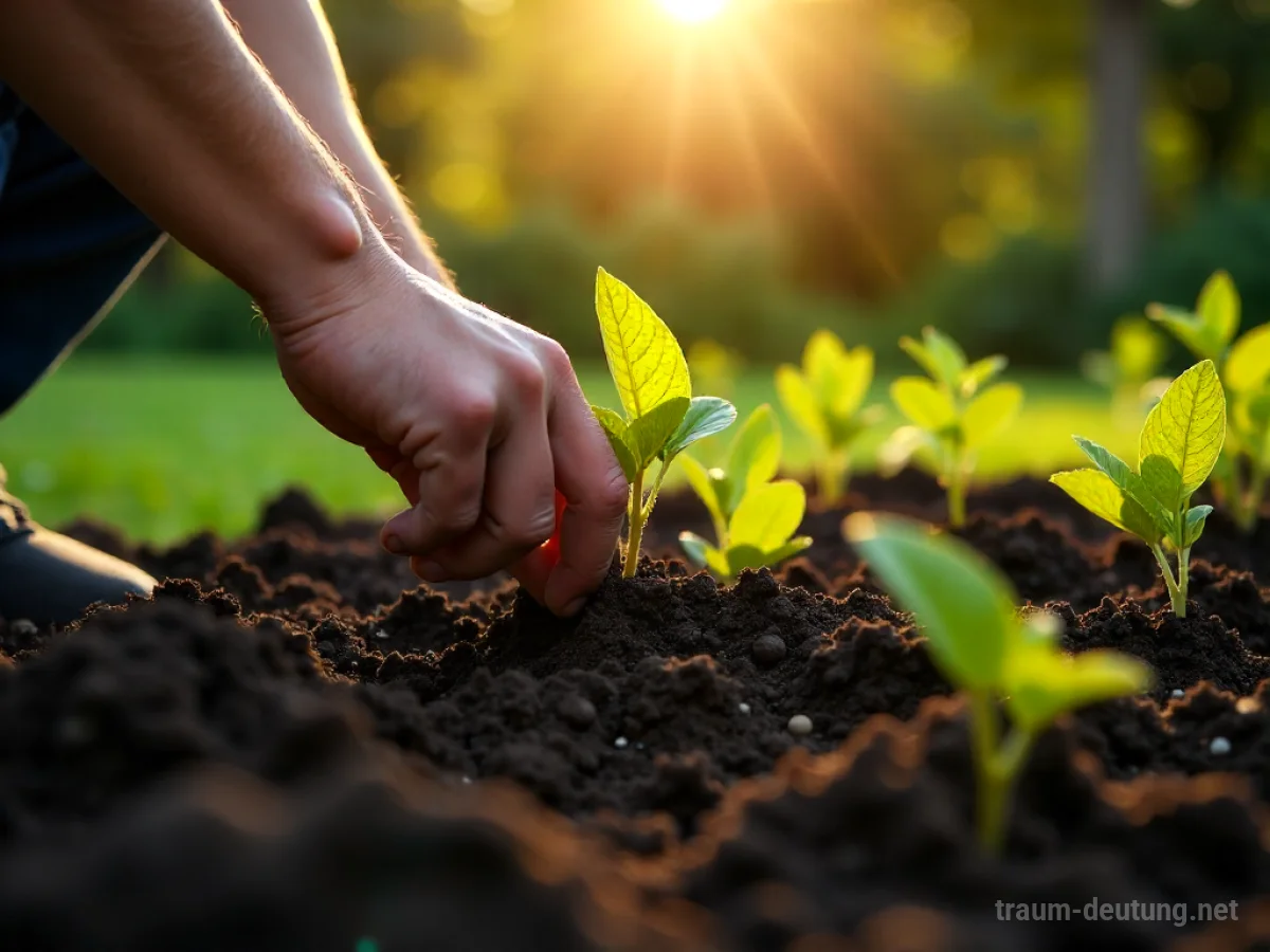 Person legt neuen Garten an, pflanzt Setzlinge in der Erde.