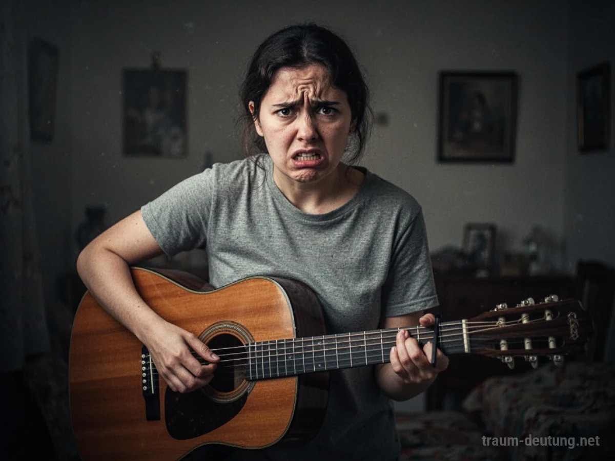 Eine Person steht ratlos vor einer Gitarre und kann sie nicht spielen.