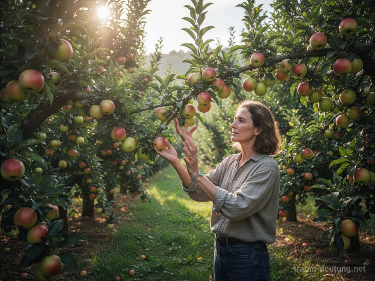 Sonniger Obstgarten voller reifer Früchte, eine Hand berührt einen Ast.