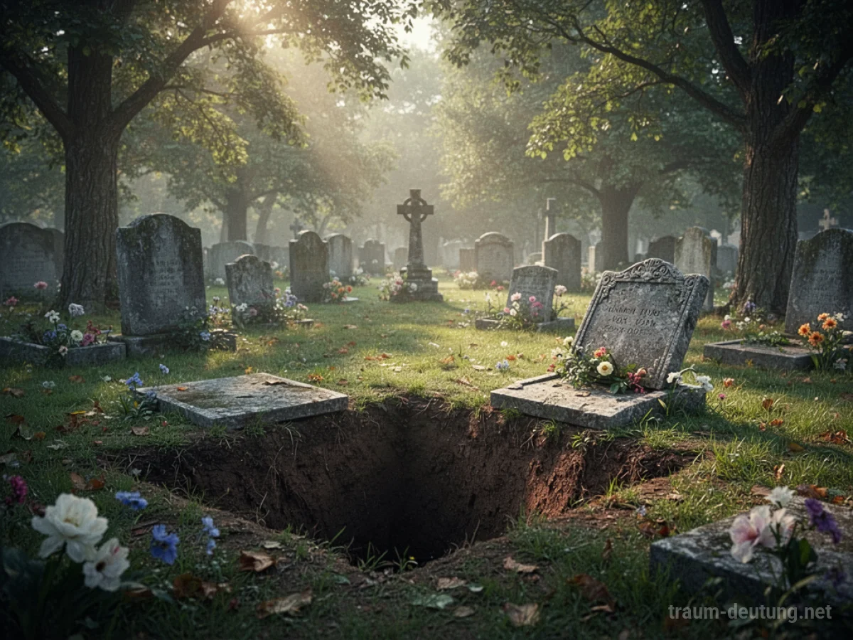 Ein offenes Grab in einem friedlichen Friedhof, beleuchtet von sanftem Sonnenlicht.