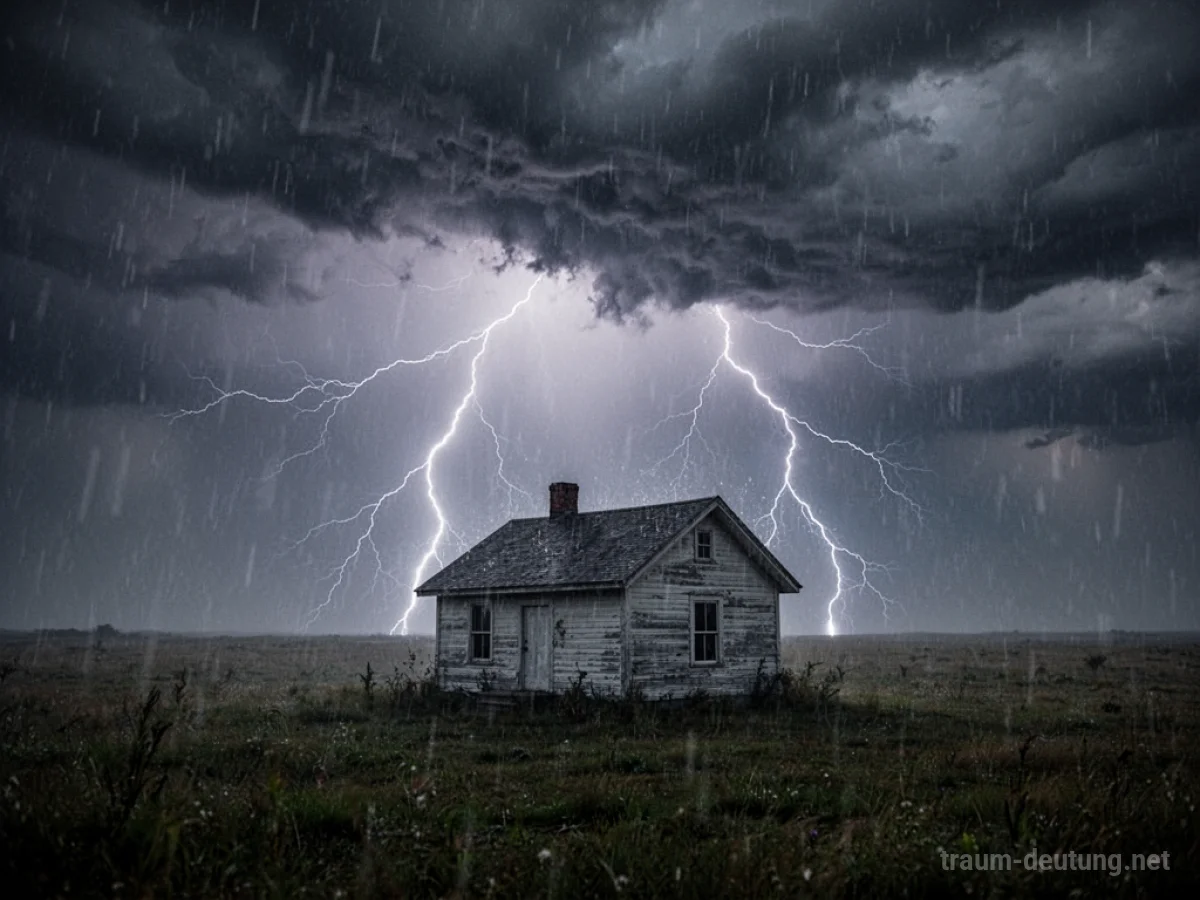Ein plötzliches Gewitter mit Blitzschlag über einem kleinen Haus.
