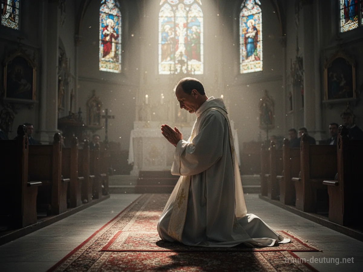 Ein Priester kniet im Gebet in einer Kirche, umgeben von sanftem Licht.