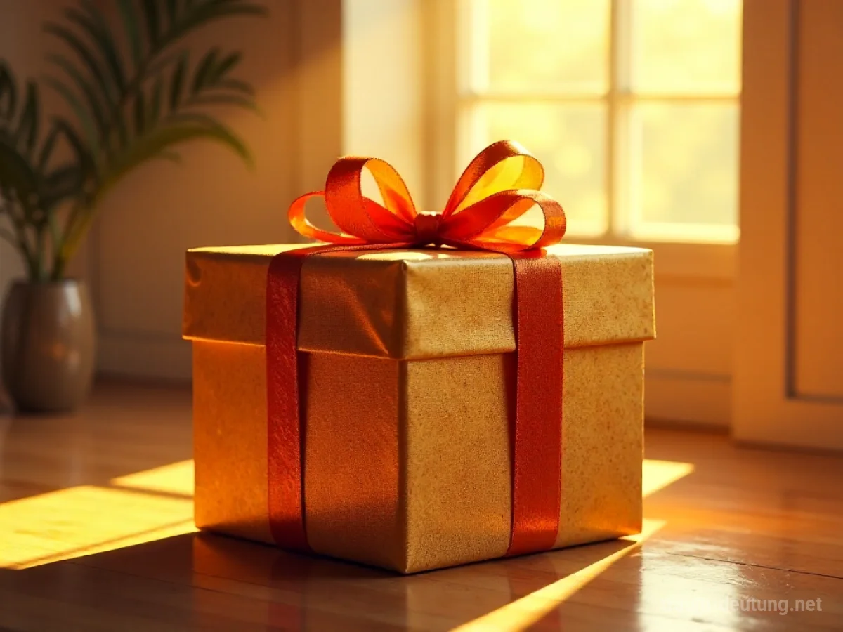 Ein riesiger, kunstvoll verpackter Geschenkkarton steht in einem sonnigen Raum.