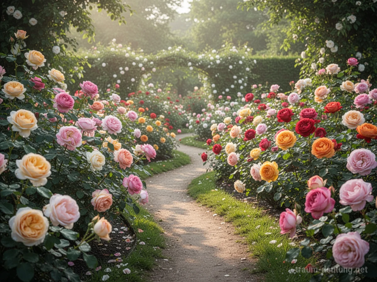 Ein sonniger Rosengarten mit blühenden Rosen und einem Weg